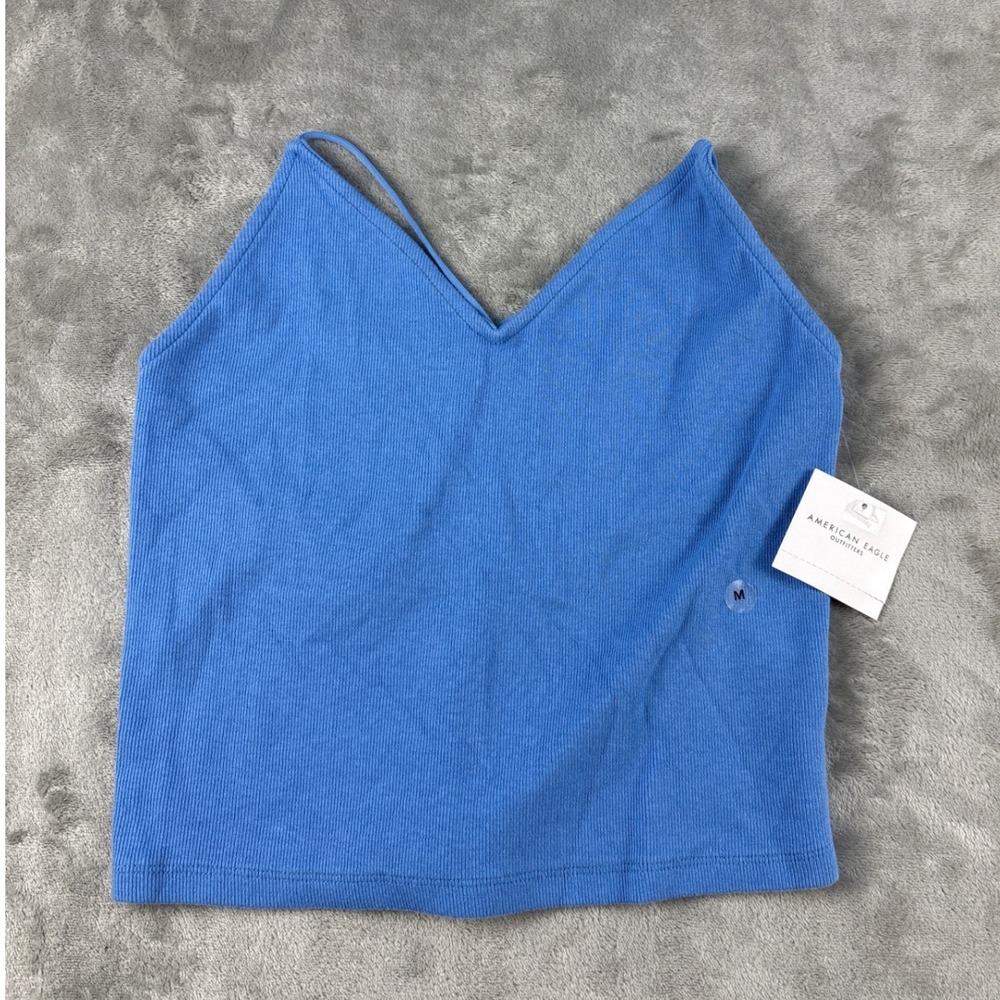 American Eagle Cami Womens Medium Strappy Back Blue Ribbed V-Neck NEW